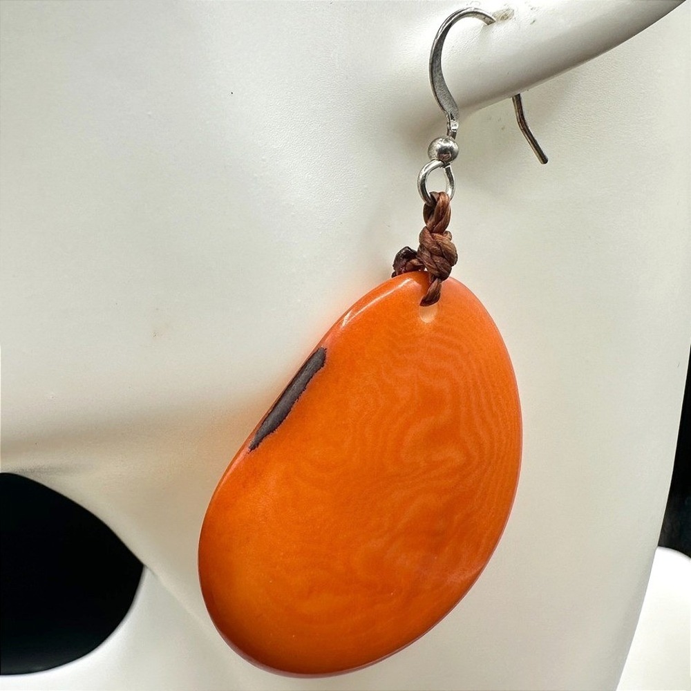 VTG Bright Orange Resin Drop Dangle Earrings Statement Boho Silver tone Hook Y2K